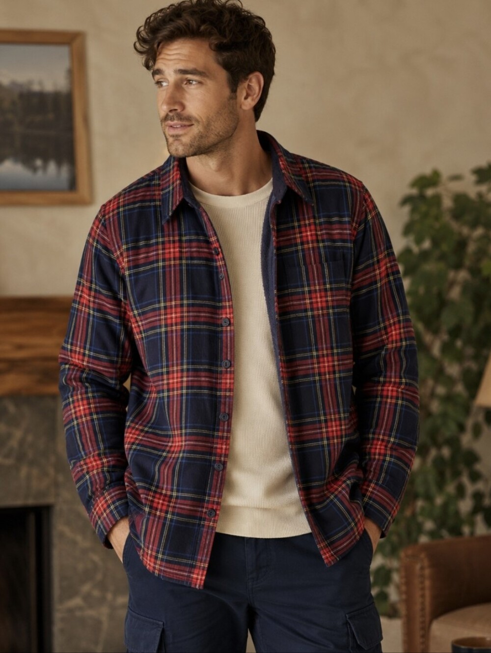 LL Bean Fleece Lined Flannel Shirt Jacket Shacket Plaid Cotton Navy/Red Men Sz M